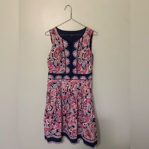 Talbots — navy sleeveless dress with pink and white pattern women’s 8